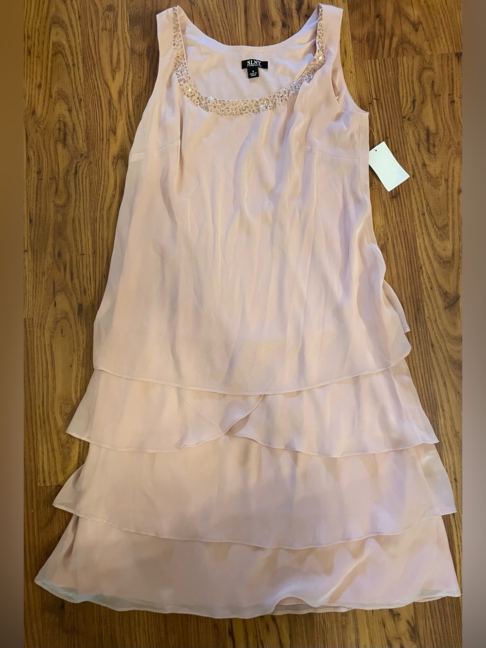 SLNY Pale Blush Long Tiered Chiffon Dress with Beaded Neckline Size 8